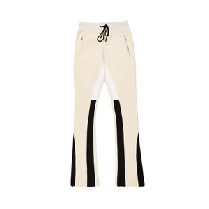 Pantalon évasé beige pour homme avec blocs de couleur, poches latérales, taille élastique et cordon de serrage – Survêtement décontracté pour l'automne - Product Image 1