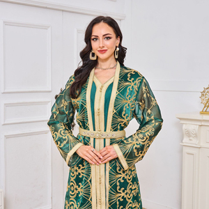 Conjunto de Dos Piezas de Abaya Verde Bordada en Poliéster, Vestido Musulmán de Manga Larga, Elegante para Fiestas y Eventos, Ropa Recta para Oración para Mujeres - Product Image 5