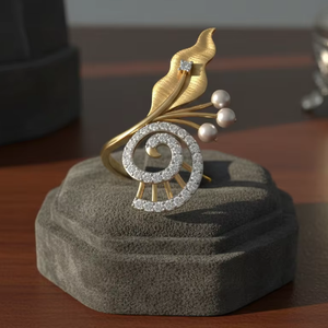 Anillo Espiral de Lujo con Hoja de Oro y Concha, Perla Natural y Moissanita, Ajustable, para Mujer, Regalo de Joyería para Boda o Fiesta - Product Image 5