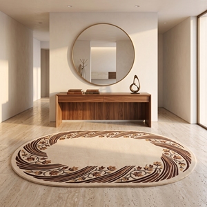 Alfombra Moderna de Lana con Borde Floral Ovalado, Color Marrón Marfil, Hecha a Mano, Antideslizante, con Respaldo de Látex Extra Grueso - Product Image 3