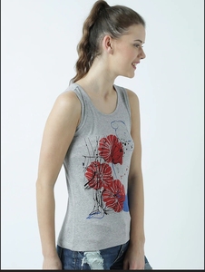Débardeur Femme Gris à Imprimé Floral, Col Rond, Sans Manches, Tricoté 100% Coton Respirant, avec Logo Avant - Product Image 1