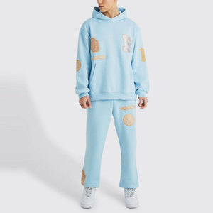 Ensemble de survêtement unisexe bleu clair à capuche, manches longues, avec lettres brodées, coupe décontractée, sweat-shirt et pantalon en coton - Product Image 1