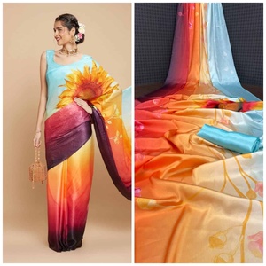 FANCY SUAVE SEDA EFECTO 4D IMPRESIÓN DIGITAL SAREE CON BLUSA SIN COSTAR MULTI COLOR - Product Image 1
