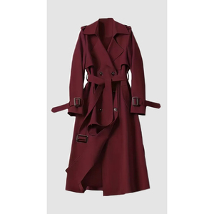 Manteau long élégant noir pour femme, double boutonnage, col à revers, avec ceinture, imperméable, en polyester tissé léger, pour l'automne - Product Image 2