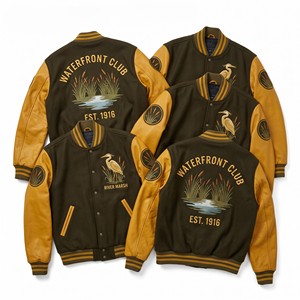 Fabricant de vestes de baseball personnalisées, veste de baseball en laine vert olive avec manches en cuir brun, broderie Heron Cattail, veste varsity letterman - Product Image 1