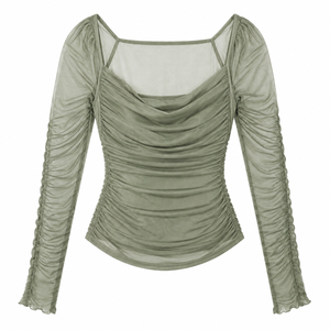 <b>Women's</b> Solid Gothic Ruched Knitted Chiffon Tank <b>Top</b> <b>Square</b> <b>Neck</b> Long Sleeve Sheer Statement Party Shirt Lightweight 120g OEM - Product Image 4