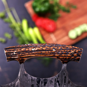Cuchillo de Cocina Artesanal DIY de Acero de Damasco Ulu para Pizza, Cuchillo Oscilante, Picador de Hierbas, Mango de Cuerno, Funda de Cuero, Cuchillo de Chef OEM - Product Image 4