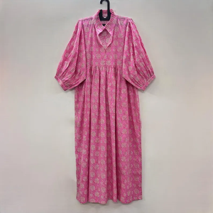 Vestido Casual Midi para Mujer, Tejido 100% Algodón, Estampado Floral Liso, Manga Corta, Cintura Imperio, Estilo Babydoll, Oversize, Cuello en V, Holgado - Product Image 1