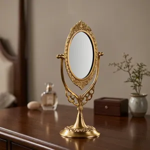 Vintage Gold Oval Tabletop <b>Vanity</b> <b>Mirror</b> with Ornate Carved Frame Rotating Stand for <b>Dressing</b> <b>Table</b> Bedroom Decor - Product Image 1