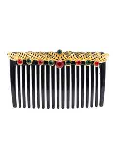 Peigne à cheveux élégant en acétate noir avec décorations en feuilles d'or et strass pour accessoire de fête de mariage - Product Image 2