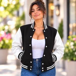 Chaqueta Varsity Personalizada para Mujer, Chaqueta Letterman Personalizada, Chaqueta con Mangas de Cuero Genuino, Chaquetas de Lana para Mujer - Product Image 1