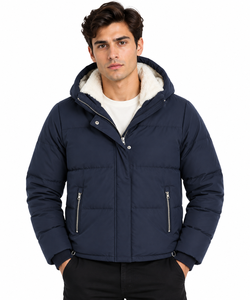Premium <b>Men's</b> Casual Solid <b>Navy</b> Blue Hooded Puffer <b>Jacket</b> Zipper Sherpa Lined Full Sleeve <b>Quilted</b> Winter Heavyweight Insulated - Product Image 1