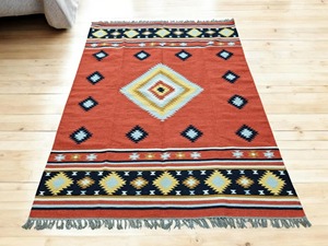 Tapis rectangulaire en laine acrylique à motifs géométriques, tissage plat moderne avec franges, tapis de salon fait main, lavable - Product Image 1