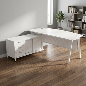 Bureau de direction moderne et durable en aggloméré mélaminé, design minimaliste, avec armoire de rangement autoportante pour bureau à domicile - Product Image 1