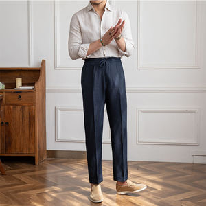 Nouveau pantalon long d'été pour homme 100 % lin, coupe droite légère, polyvalent, avec cordon de serrage, respirant et taille élastique - Product Image 5