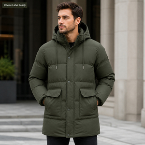 Men's Olive Green Hooded Long <b>Parka</b> <b>Waterproof</b> Windproof Fleece Casual Winter <b>Jacket</b> with Front Pockets Zipper Closure OEM ODM - Product Image 3