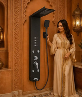 Système de douche mural LED noir de luxe moderne avec robinet thermostatique, jets de pluie et de massage, finition brossée douce, idéal pour les hôtels