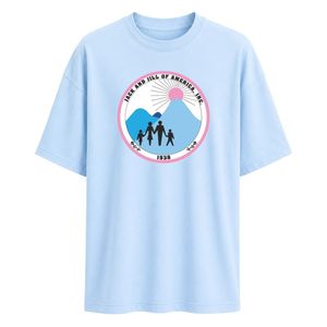 Sky Blue Graphic Crew Neck Tee with Embroidered Jack & Jill Crest Patch on Front and Large Circular Back Artwork Casual <b>Top</b> - Product Image 1