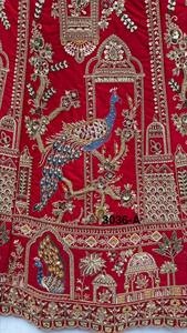 <b>Red</b> Floral Print Embroidered Organza Lehenga Choli with <b>Crop</b> <b>Top</b> and Dupatta Floor-Length A-Line for Bridesmaid 3036-A - Product Image 3