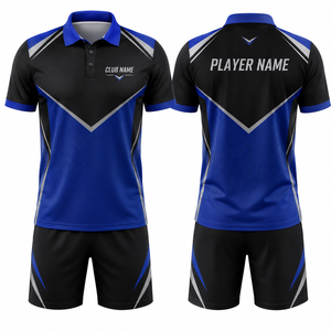 Ensemble polo et short de golf sportif pour femme, dégradé bleu-noir, blocs de couleur, séchage rapide, taille élastique en spandex, imprimé par sublimation - Product Image 1