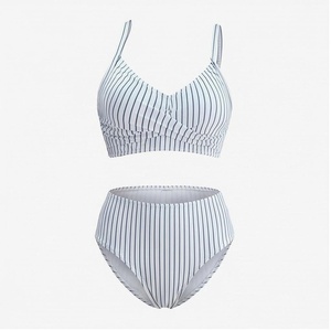 Women Striped Bikini Set High Waist Bottom <b>Crossed</b> Halter <b>Top</b> Twist Detail Spandex Polyester Swimwear - Product Image 1