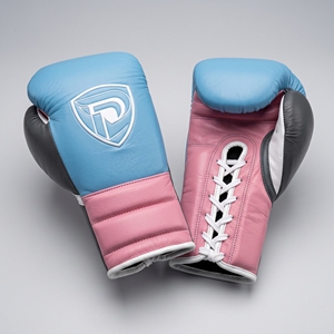 Dumela Pink and Blue Leather Boxing Gloves with <b>White</b> <b>Laces</b> and Logo Design - Product Image 1