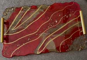 Plateau de service rond en résine rouge avec poignées dorées, fait main, époxy glacé, décoratif, par HWC, taille personnalisée - Product Image 3