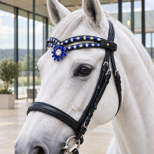 Diadema Distintiva para Caballo con Cristales Azules y Piedras Florales |   Cabezal de cuero premium y accesorios ecuestres para espectáculos de equitación - Product Image 2