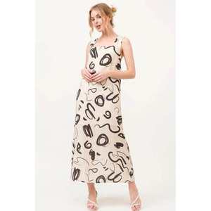 เดรสยาวสีเบจพิมพ์ลายแบบนามธรรมของ Veloro คอทรงเหลี่ยม ไซส์ S ดีไซน์โดดเด่นมีสไตล์ ผลิตด้วยมือ - Product Image 6