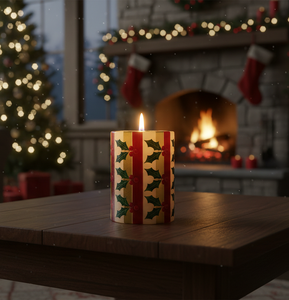 Bougie pilier en paraffine dorée de Noël avec motifs classiques de feuilles de houx et de baies rouges (3x3 pouces) pour commande en gros - Product Image 2