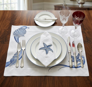 Custom Wholesale Luxury Embroidered Linen Blue Seashells <b>Placemats</b> Napkins Sets Washable Reuse White Linen Hemstitch Weddings - Product Image 1