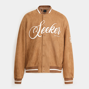 Seeker Unisex Solid Coated <b>Suede</b> Mandarin Collar Varsity <b>Jacket</b> Embroidered Letter Logo Front Casual Winter Wear - Product Image 1