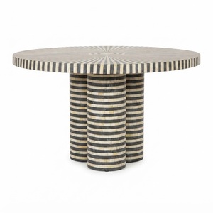 Mesa de centro de lujo con incrustaciones de hueso a rayas blancas y negras, mesa auxiliar geométrica artesanal con pedestal, venta al por mayor personalizada, estilo indio. - Product Image 2