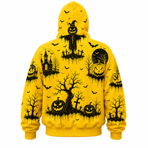 Sudadera con capucha y cremallera completa con estampado gráfico de Halloween amarillo al por mayor, sudadera con capucha extragrande con cubre rostro, sudadera con capucha de calabaza espantapájaros - Product Image 3