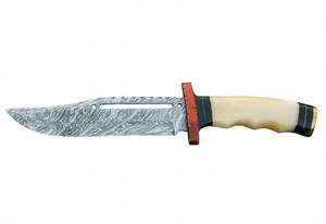 Outil utilitaire avec poignée en bois rougeâtre et poignée en os, doté d'une lame fixe en acier Damas - Product Image 2