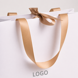 Luxury White Square Bottom Carrier <b>Bag</b> with Twisted Handles Custom Logo Ribbon Tie Recyclable Packaging - Product Image 1