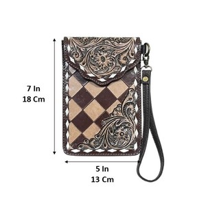 OEM Luxury Wholesale Hand Tooled Genuine Cowhide Leather Mobile Bag with <b>Wristlet</b> Factory Price Fashionable Mini Bag for Unisex - Product Image 2