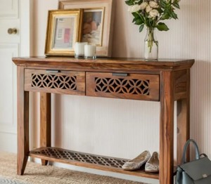 Modern Carved Solid Wood Console <b>Table</b> with 2 Drawers |Geometric Lattice Wooden Entryway <b>Table</b> |B2B Wholesale India - Product Image 1