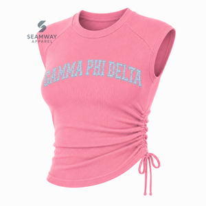 Gamma Phi Delta Sorority Women's Bling Rhinestone Ribbed Tank <b>Top</b> Ruched Side Crew Neck <b>Raglan</b> Cap Sleeve Casual Crop <b>Top</b> - Product Image 2