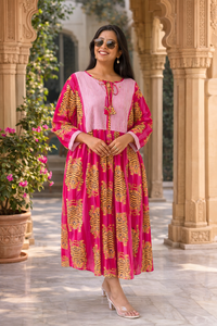 Abito midi in cotone con stampa tigre rosa da donna – Elegante abito lungo Kurti etnico casual con maniche a 3/4 per l'estate - Product Image 1