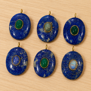 Pendentifs ovales tendance faits à la main en lapis-lazuli, breloques en pierres précieuses mélangées, cabochons en pierre naturelle dorée, bijoux en pierre naturelle en gros - Product Image 4