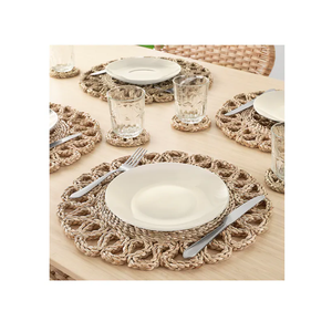 Assiettes de présentation en rotin tressé, sets de table bohèmes en rotin, assiettes de présentation en rotin vert et bleu de forme irrégulière - Product Image 2