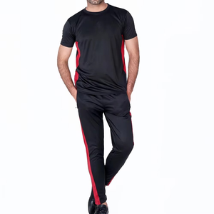 Men's Black Red Stripe Quick Dry Sporty Tracksuit Short Sleeve T-<b>Shirt</b> Crew Neck Full Length Pants Side Pockets Elastic Waist - Product Image 5