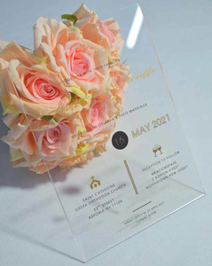 Invitación de Boda de Acrílico Transparente, Nombres Personalizados en Lámina Dorada, Impresión en Negro, Monograma, Iconos de Iglesia y Champán, Moderno - Product Image 1