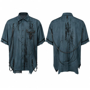 Camisa gótica de manga corta para hombre con estampado de salpicaduras negras, cadenas y bajo desgarrado, estilo casual, tela popelina, para verano. - Product Image 1