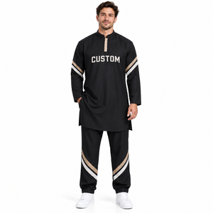Conjunto de Kurta y Pantalón Personalizado con Bordado Musulmán, Cuello Redondo, Manga Larga, Corte Recto, Largo hasta la Pantorrilla, Ropa Tradicional para Hombre, Pantalones Jogger - Product Image 1