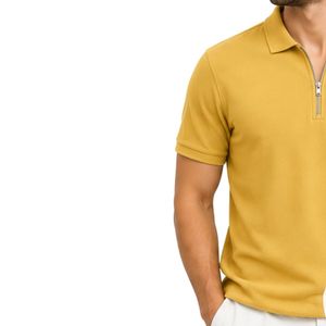 Polo zippé personnalisé pour homme en maille gaufrée jaune moutarde, respirant, à manches courtes, décontracté, pour le golf, le tennis, performance estivale - Product Image 3