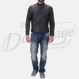 Chaqueta de cuero negra para hombre, estilo racer, piel de oveja auténtica de primera calidad, corte ajustado, cuello alto, con cremallera, informal, a la moda, para motocicleta. - Product Image 3