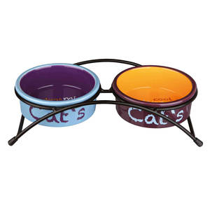 Ensemble de gamelles et distributeurs en céramique imprimées 2 x 0,3 L 12 cm Bleu-Orange-Violet pour animaux de compagnie - Product Image 1