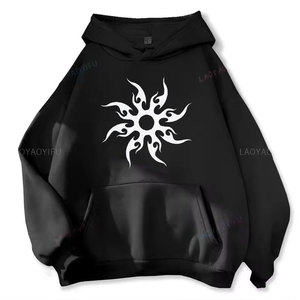 Sudadera con Capucha Extra Grande para Hombre, Color Negro, con Estampado Tribal de Sol Blanco en el Bolsillo Delantero, Ropa Casual de Otoño, 100% Algodón, Felpa Francesa - Product Image 1